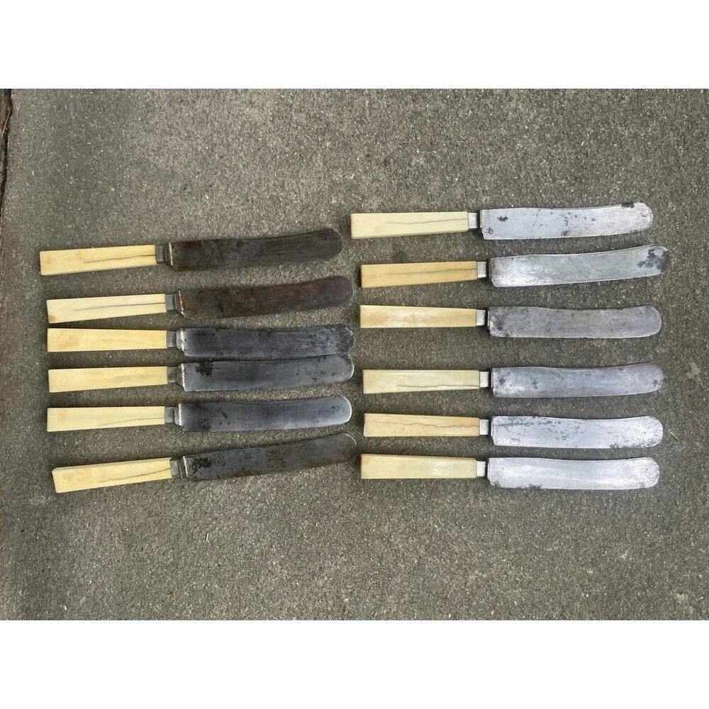 12 Antique Eugen Hahn Ludwigsburg German Dinner Knives Carbon Steel Bone Handle